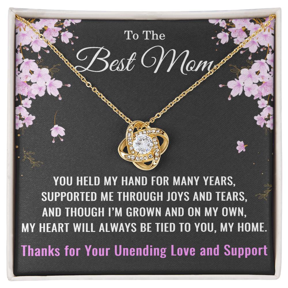 To The Best Mom Necklace, Love Knot Pendant Inspirational Jewelry Gift for Mom Christmas, Mother's Day, Birthday, Gifts from Family – 14k or 18k Gold Over Stainless Steel with Cubic Zirconia