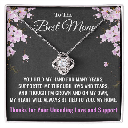 To The Best Mom Necklace, Love Knot Pendant Inspirational Jewelry Gift for Mom Christmas, Mother's Day, Birthday, Gifts from Family – 14k or 18k Gold Over Stainless Steel with Cubic Zirconia