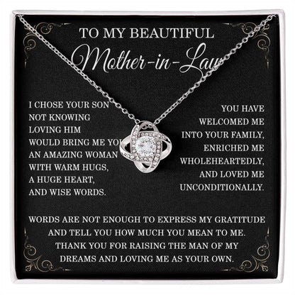 To My Beautiful Mother in Law Necklace Mother-in-law Christmas Gift from Son-in-Law Mother in law Birthday Gift Thank You for Raising the Man of My Dreams Mother-in-law Love Knot Necklace