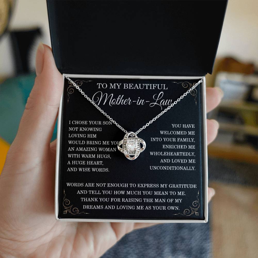 To My Beautiful Mother in Law Necklace Mother-in-law Christmas Gift from Son-in-Law Mother in law Birthday Gift Thank You for Raising the Man of My Dreams Mother-in-law Love Knot Necklace