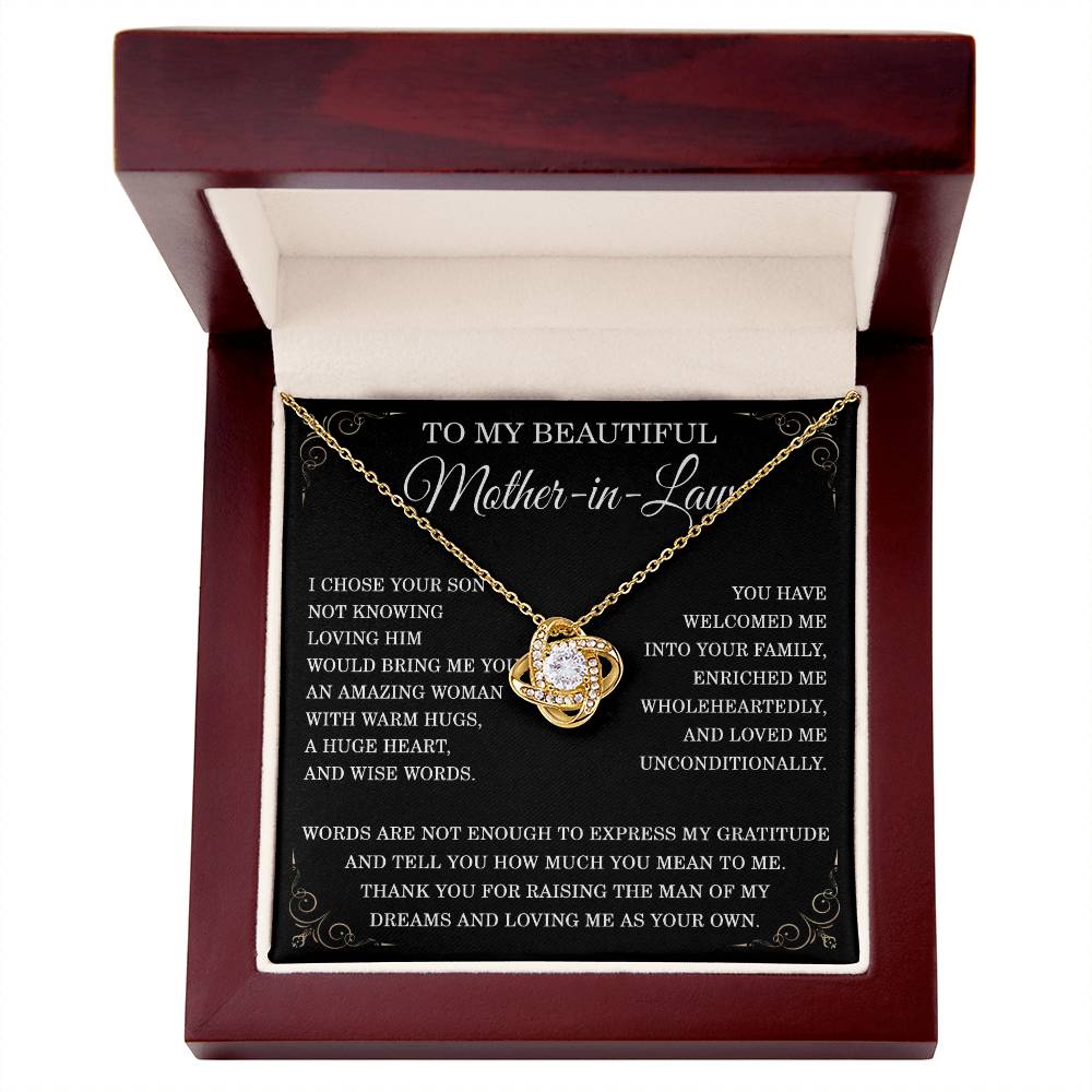 To My Beautiful Mother in Law Necklace Mother-in-law Christmas Gift from Son-in-Law Mother in law Birthday Gift Thank You for Raising the Man of My Dreams Mother-in-law Love Knot Necklace