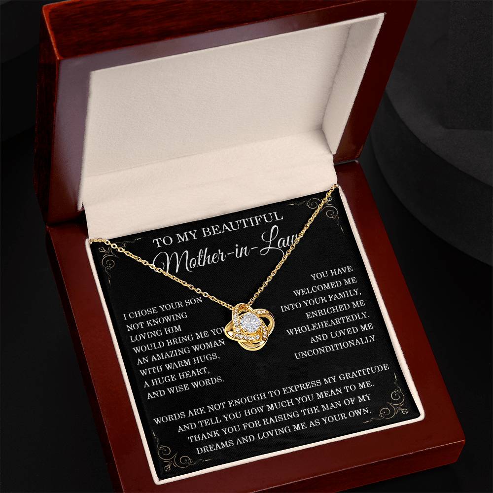 To My Beautiful Mother in Law Necklace Mother-in-law Christmas Gift from Son-in-Law Mother in law Birthday Gift Thank You for Raising the Man of My Dreams Mother-in-law Love Knot Necklace