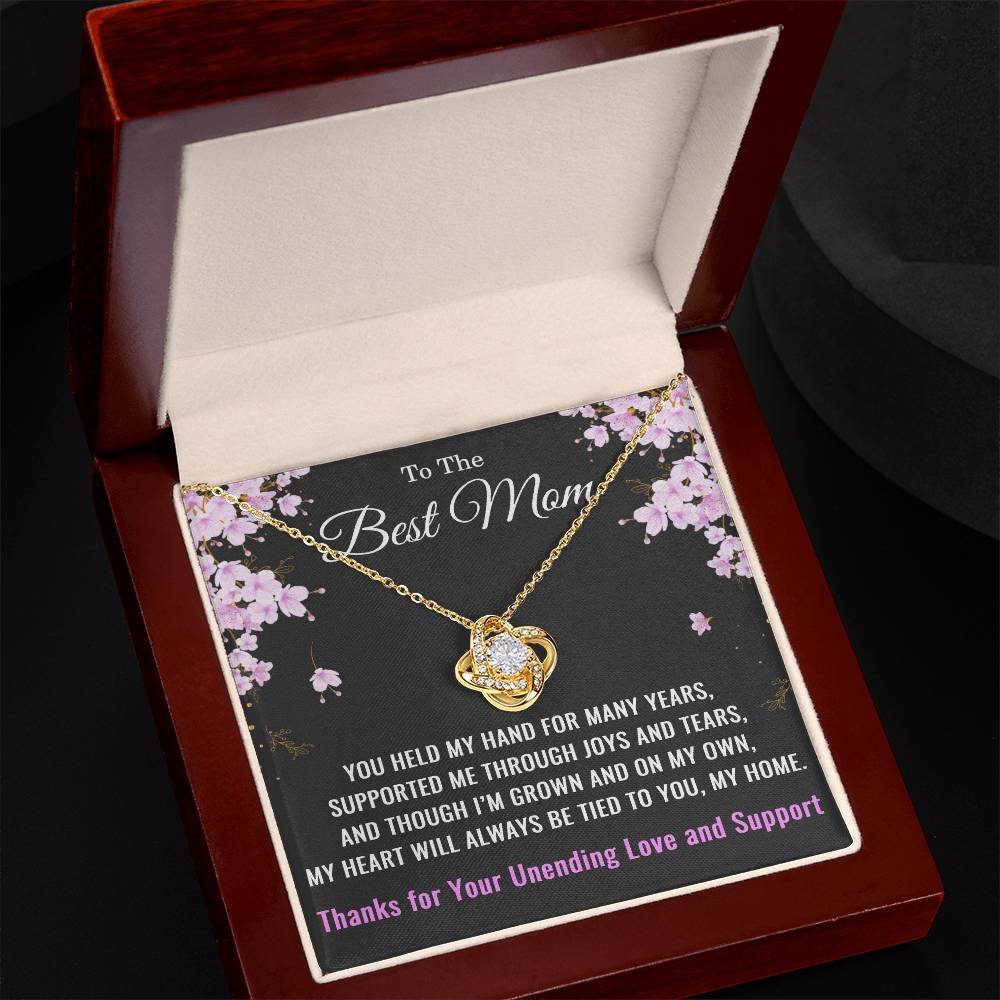 To The Best Mom Necklace, Love Knot Pendant Inspirational Jewelry Gift for Mom Christmas, Mother's Day, Birthday, Gifts from Family – 14k or 18k Gold Over Stainless Steel with Cubic Zirconia