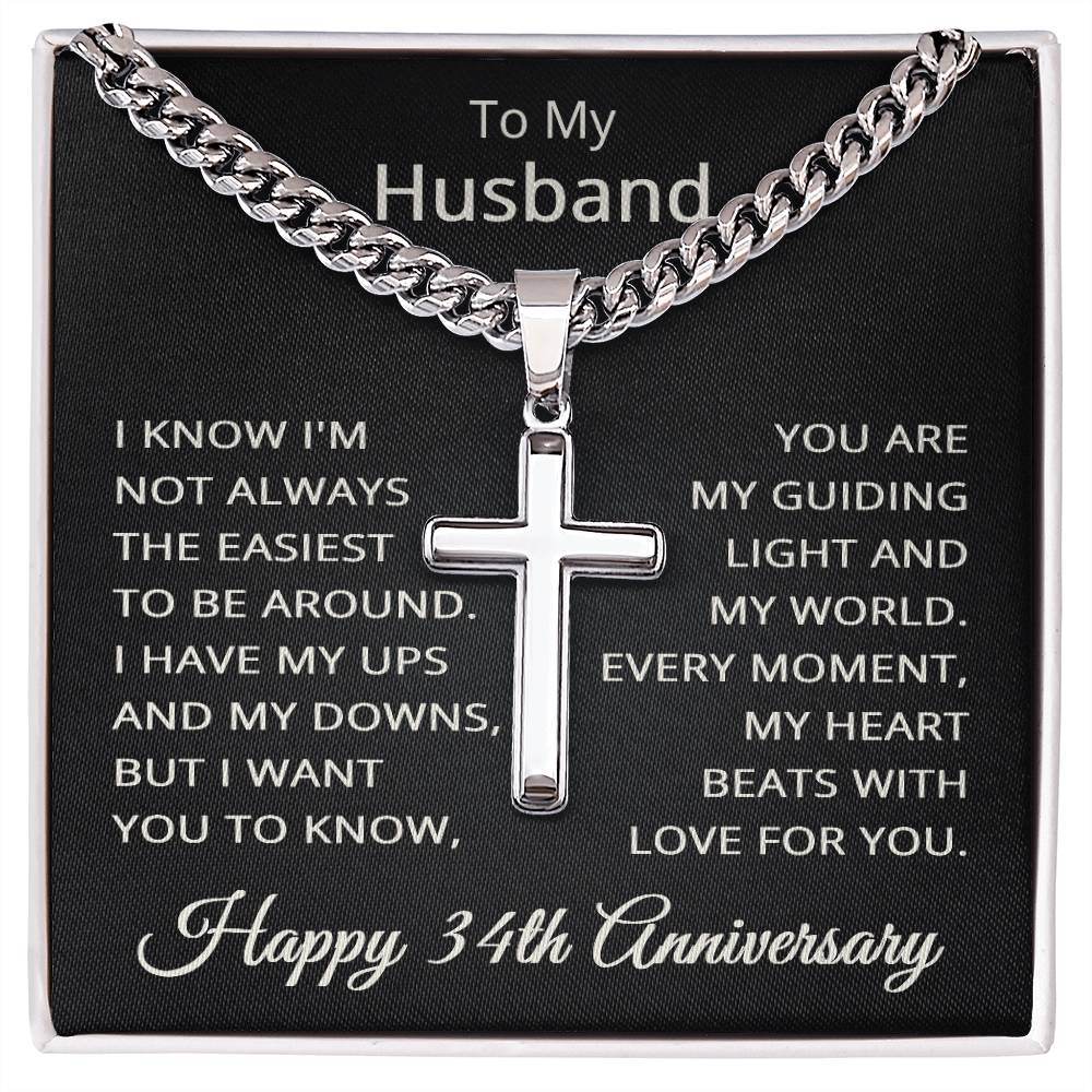 34th Anniversary Necklace for Husband 34 Years Anniversary Jewelry for Him Men Cuban Link Chain with Cross Pendant