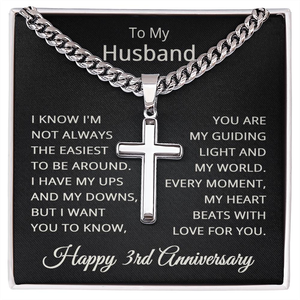 3rd Anniversary Necklace for Husband 3 Years Anniversary Jewelry for Him Men Cuban Link Chain with Cross Pendant