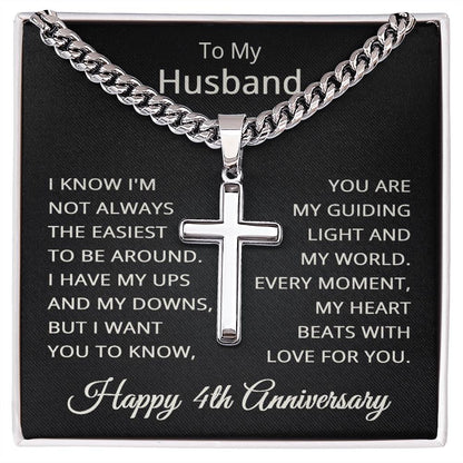 4th Anniversary Necklace for Husband 4 Years Anniversary Jewelry for Him Men Cuban Link Chain with Cross Pendant