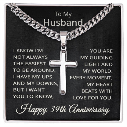 39th Anniversary Necklace for Husband 39 Years Anniversary Jewelry for Him Men Cuban Link Chain with Cross Pendant