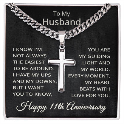 11th Anniversary Necklace for Husband 11 Years Anniversary Jewelry for Him Men Cuban Link Chain with Cross Pendant