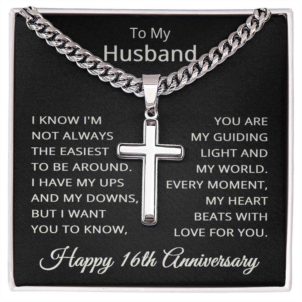 16th Anniversary Necklace for Husband 16 Years Anniversary Jewelry for Him Men Cuban Link Chain with Cross Pendant