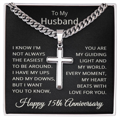 15th Anniversary Necklace for Husband 15 Years Anniversary Jewelry for Him Men Cuban Link Chain with Cross Pendant