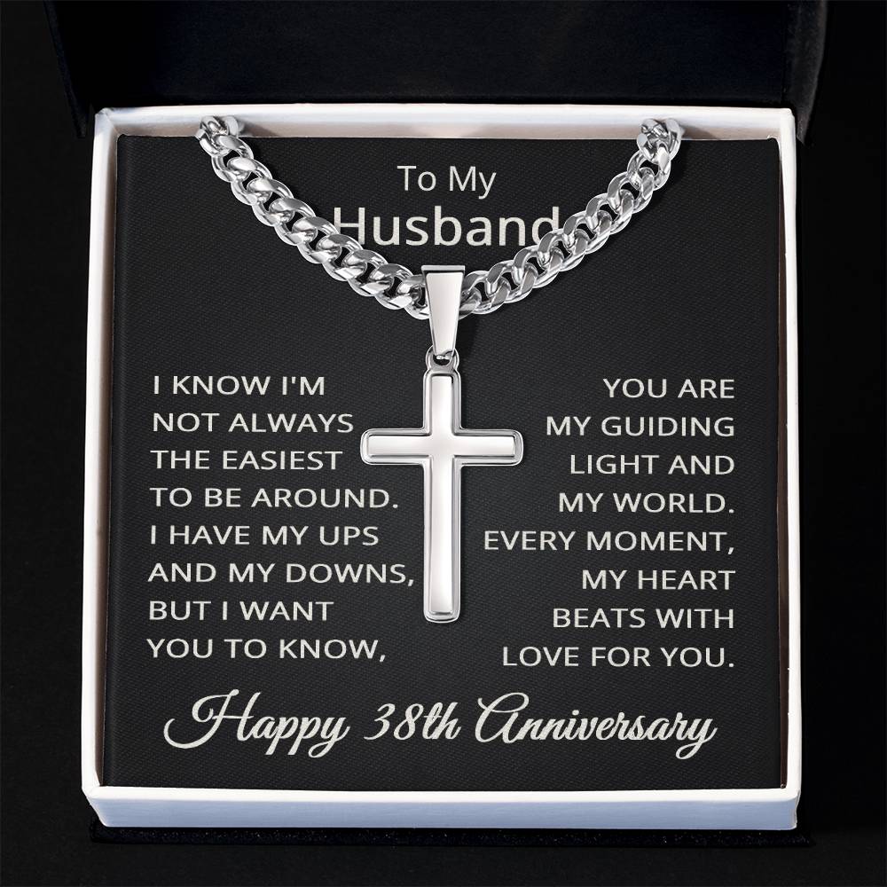 38th Anniversary Necklace for Husband 38 Years Anniversary Jewelry for Him Men Cuban Link Chain with Cross Pendant