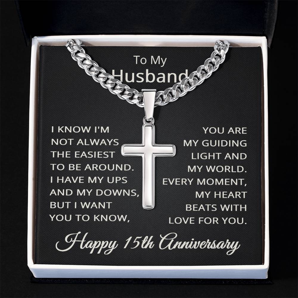 15th Anniversary Necklace for Husband 15 Years Anniversary Jewelry for Him Men Cuban Link Chain with Cross Pendant