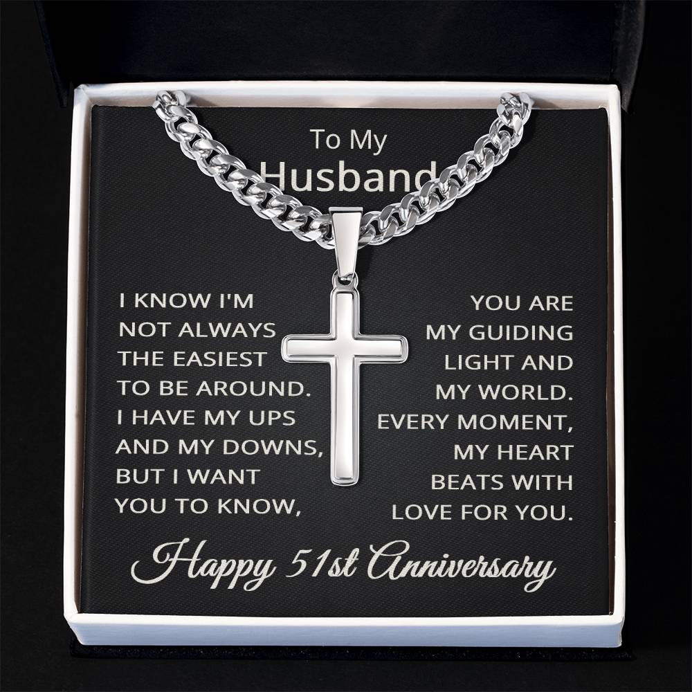 51st Anniversary Necklace for Husband 51 Years Anniversary Jewelry for Him Men Cuban Link Chain with Cross Pendant