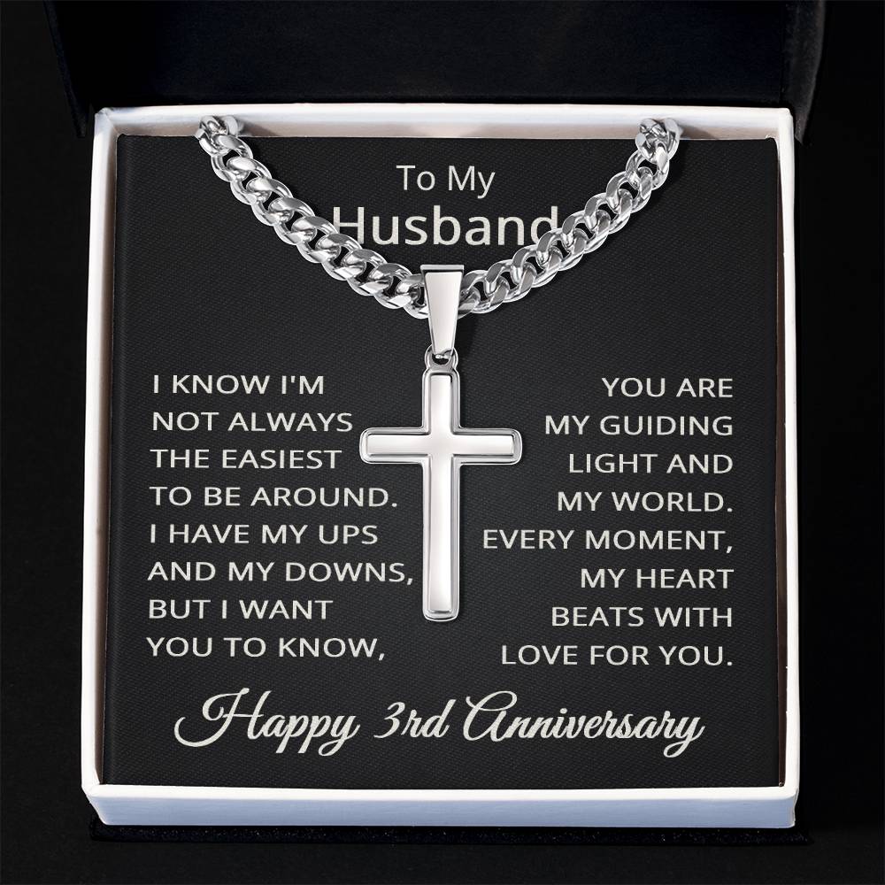 3rd Anniversary Necklace for Husband 3 Years Anniversary Jewelry for Him Men Cuban Link Chain with Cross Pendant