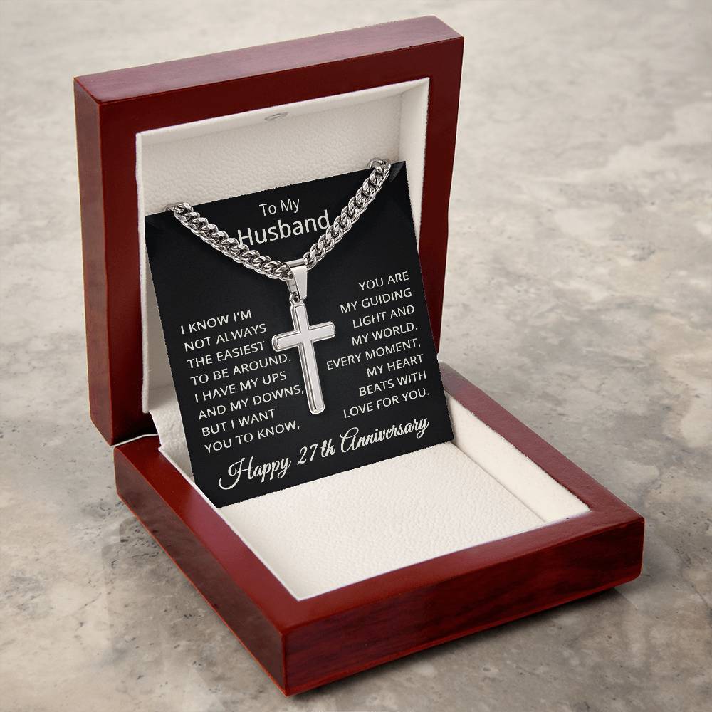 27th Anniversary Necklace for Husband 27 Years Anniversary Jewelry for Him Men Cuban Link Chain with Cross Pendant