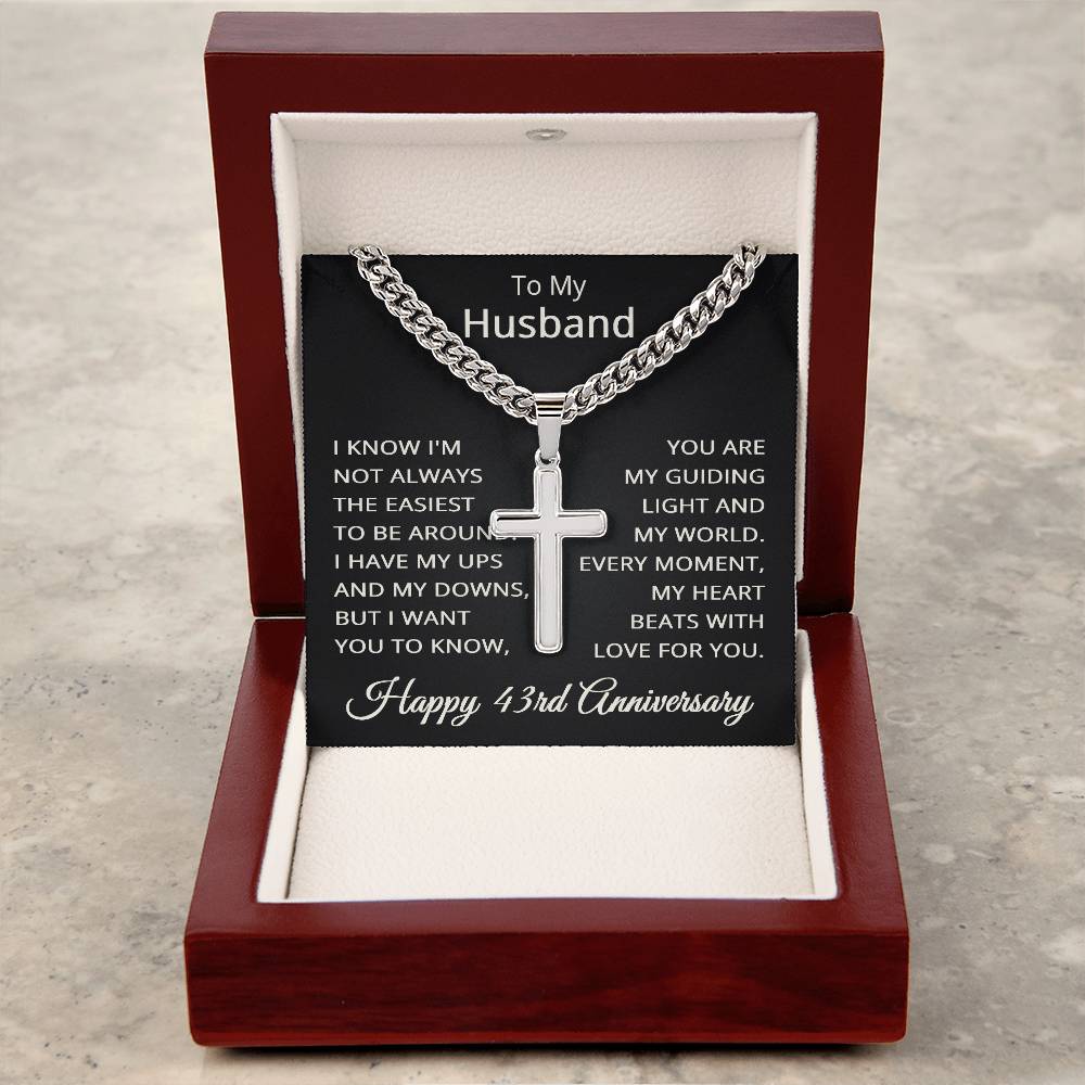 43rd Anniversary Necklace for Husband 43 Years Anniversary Jewelry for Him Men Cuban Link Chain with Cross Pendant