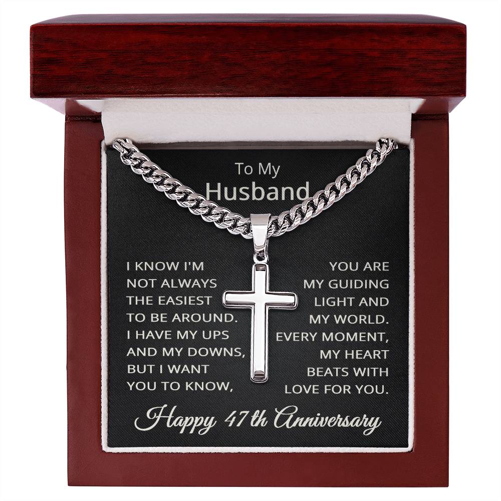 47th Anniversary Necklace for Husband 47 Years Anniversary Jewelry for Him Men Cuban Link Chain with Cross Pendant