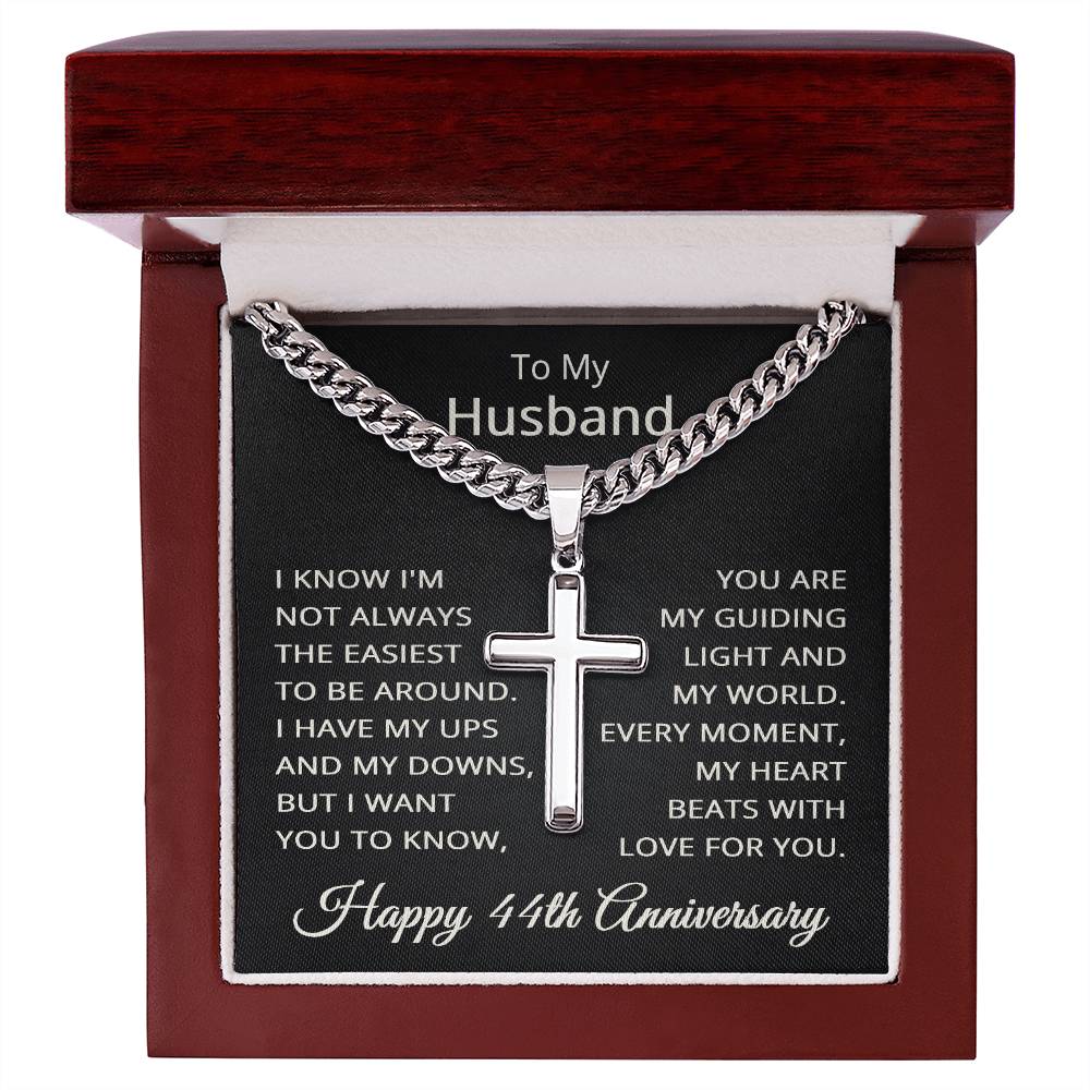 44th Anniversary Necklace for Husband 44 Years Anniversary Jewelry for Him Men Cuban Link Chain with Cross Pendant