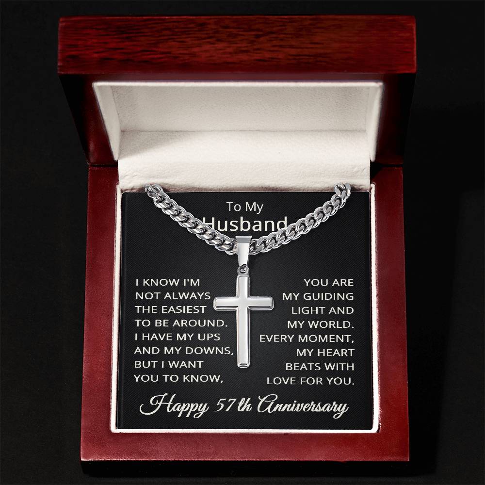 57th Anniversary Necklace for Husband 57 Years Anniversary Jewelry for Him Men Cuban Link Chain with Cross Pendant