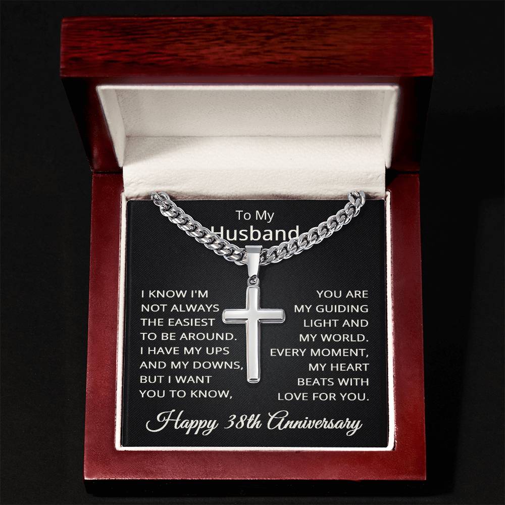 38th Anniversary Necklace for Husband 38 Years Anniversary Jewelry for Him Men Cuban Link Chain with Cross Pendant