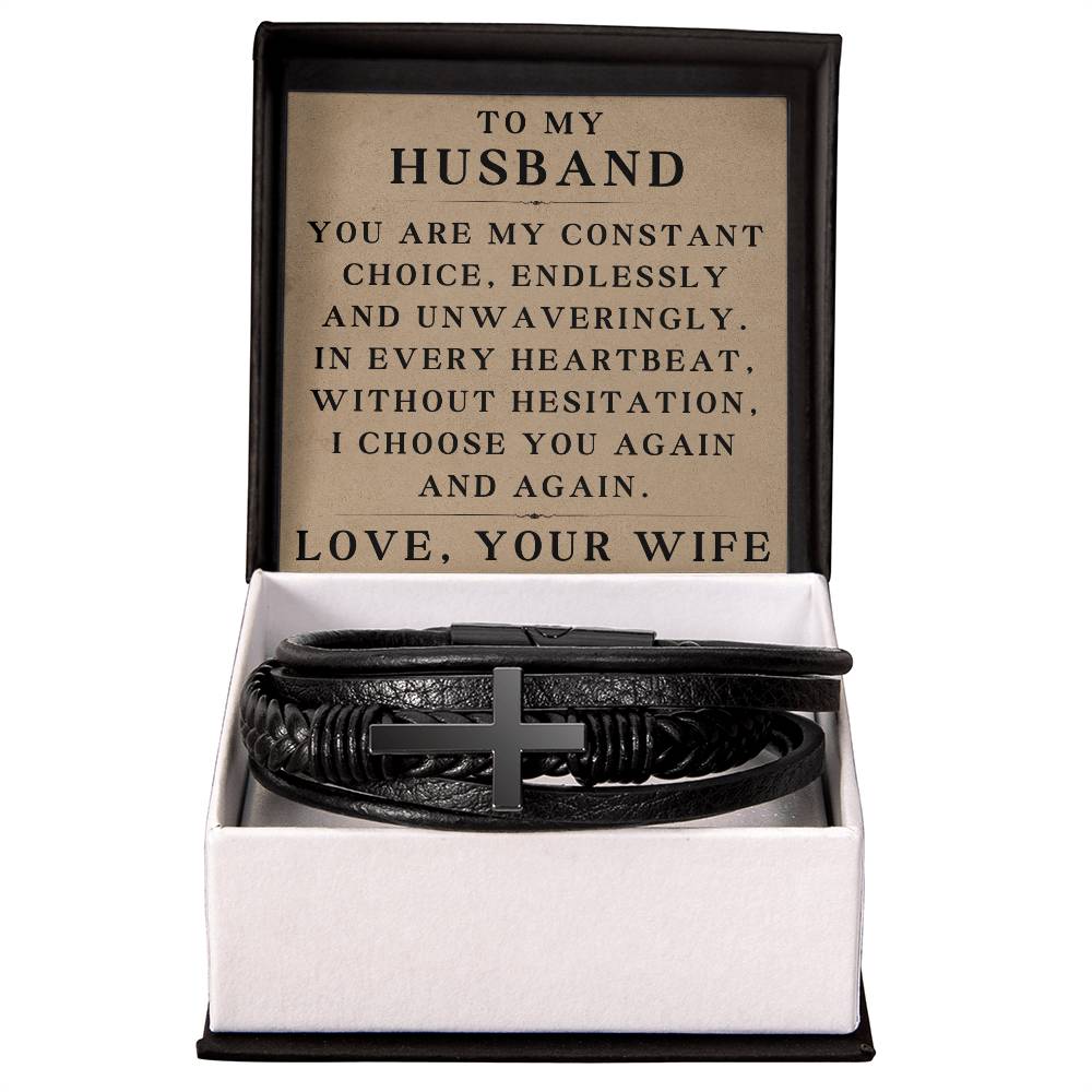 To My Husband Bracelet Husband Christmas Gifts from Wife Husband Fathers Day Gift In Every Heartbeat Without Hesitation I Choose You Again Valentine's Day Gifts for Him Men Cross Bracelet