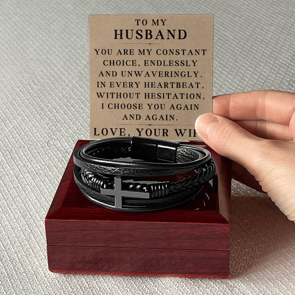 To My Husband Bracelet Husband Christmas Gifts from Wife Husband Fathers Day Gift In Every Heartbeat Without Hesitation I Choose You Again Valentine's Day Gifts for Him Men Cross Bracelet