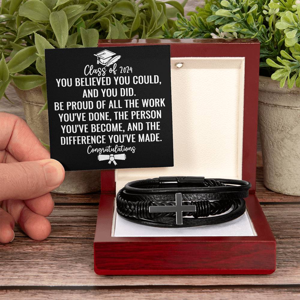 Class of 2024 Graduate Gifts for Him, Class of 2024 Bracelet, Inspirational Leather Cross Bracelet, Gifts from Friends for Graduation