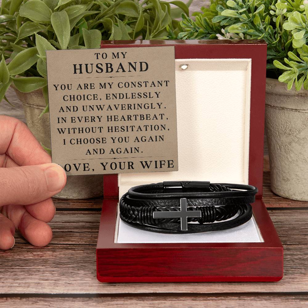 To My Husband Bracelet Husband Christmas Gifts from Wife Husband Fathers Day Gift In Every Heartbeat Without Hesitation I Choose You Again Valentine's Day Gifts for Him Men Cross Bracelet