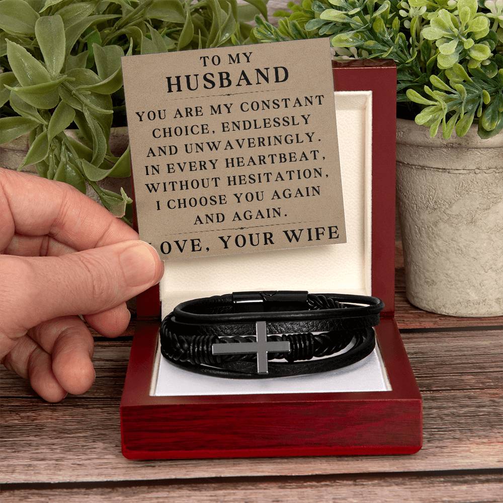 To My Husband Bracelet Husband Christmas Gifts from Wife Husband Fathers Day Gift In Every Heartbeat Without Hesitation I Choose You Again Valentine's Day Gifts for Him Men Cross Bracelet