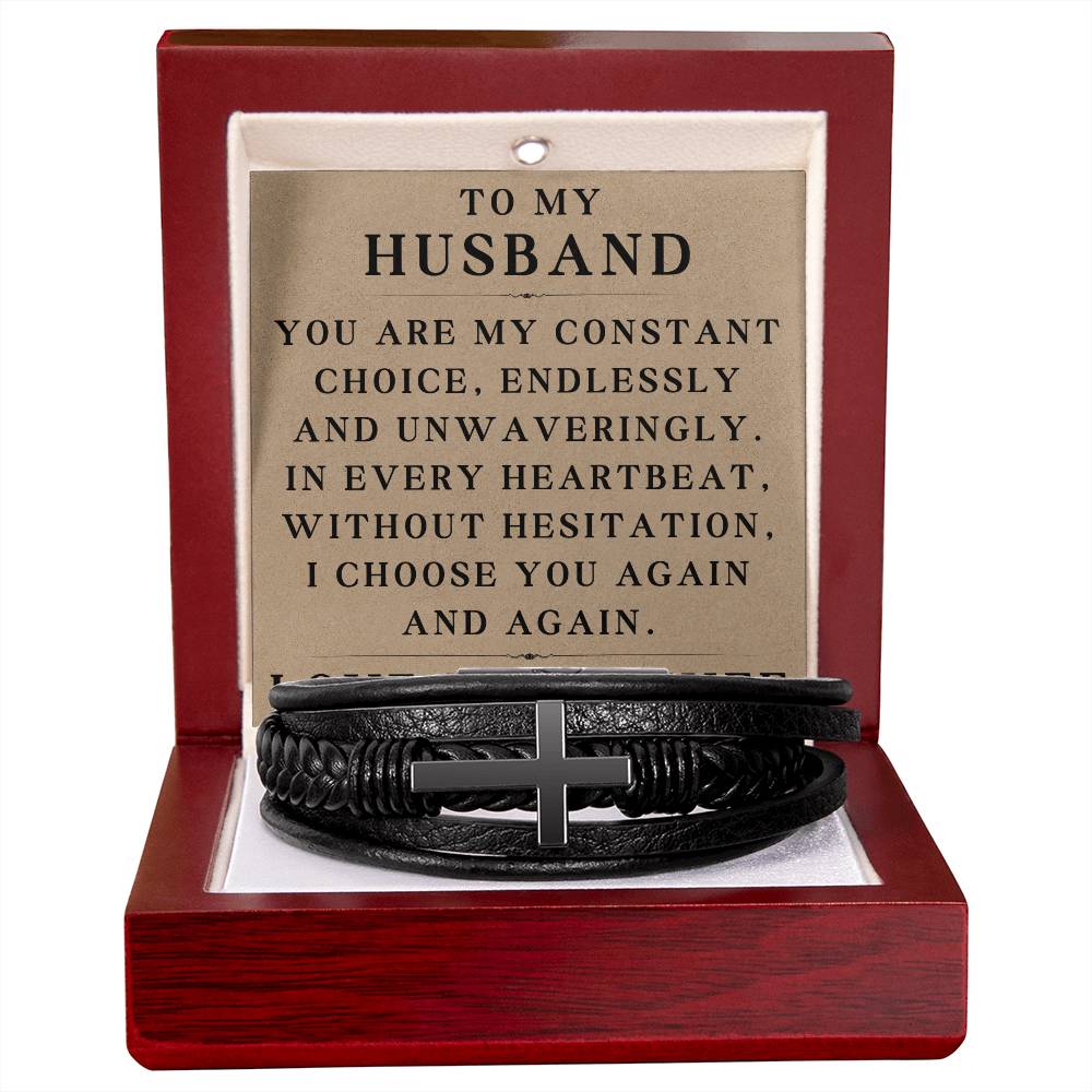 To My Husband Bracelet Husband Christmas Gifts from Wife Husband Fathers Day Gift In Every Heartbeat Without Hesitation I Choose You Again Valentine's Day Gifts for Him Men Cross Bracelet