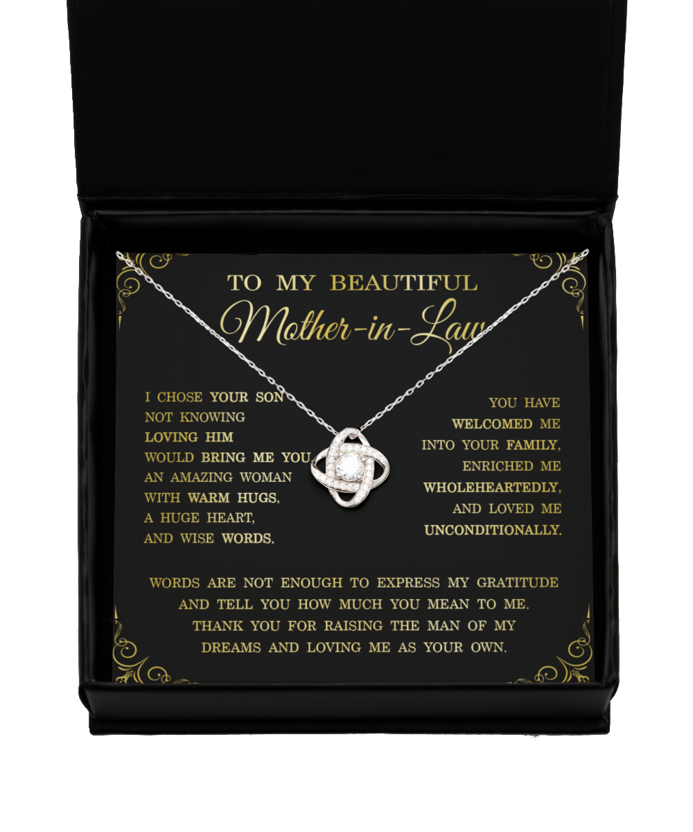 To My Mother in Law Necklace on Wedding Day Thank You for Raising Man of My Dreams 925 Sterling Silver Love Knot Necklace Jewelry Pendant Gift for Christmas Birthday