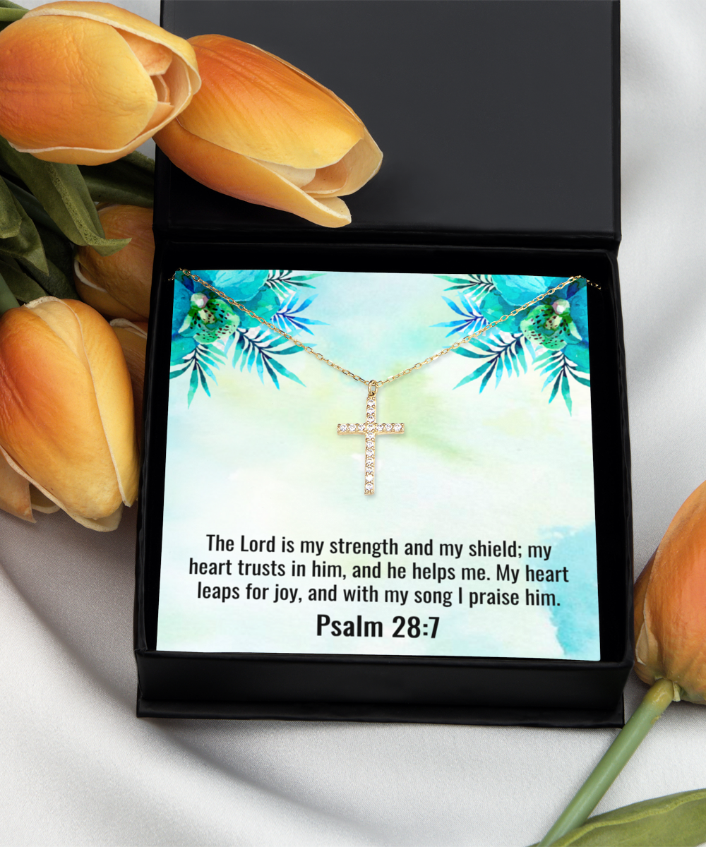 Psalm 28:7 Necklace Psalm 28 7 Gift Bible Verse Jewelry Crystal Gold over Sterling Silver Cross Necklace