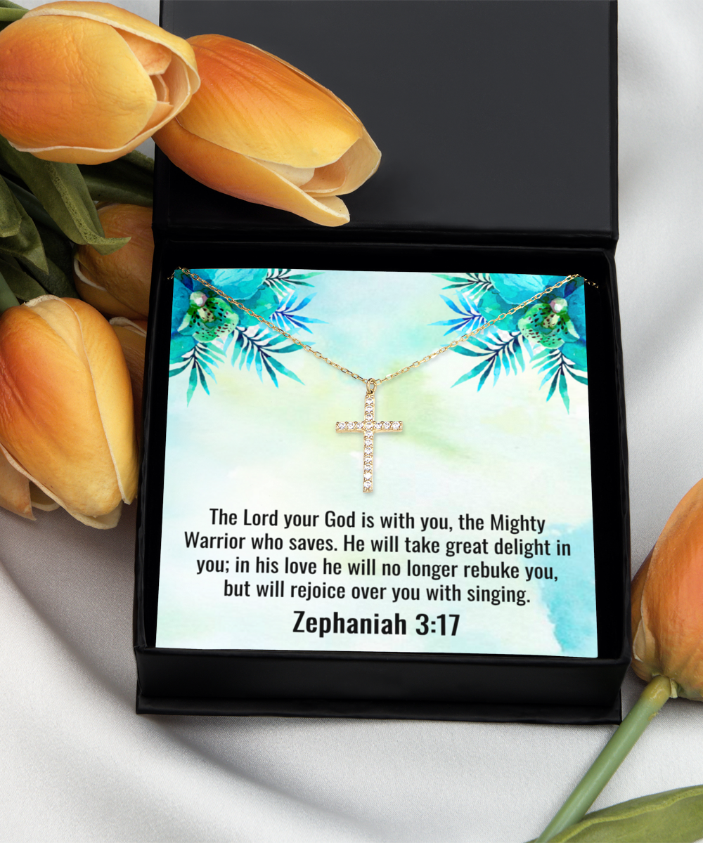 Zephaniah 3:17 Necklace Zephaniah 3 17 Gift Bible Verse Jewelry Crystal Gold over Sterling Silver Cross Necklace